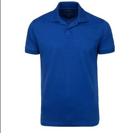 blue shirt with black collar.